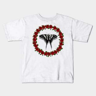 Zebra Swallowtail Butterfly in Red Rose Wreath Kids T-Shirt